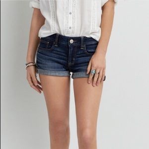 Rolled dark wash denim jean shorts